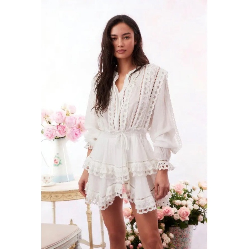 LoveShackFancy Tindra White Cotton Eyelet Mini Dress Ruffle Long Sleeve XXS